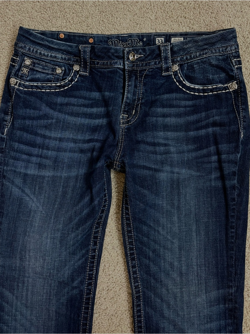 Womens MISS ME Mid Rise Easy BOOT CUT Flap Pocket JEWELED Stretch Denim JEANS 33 - Picture 3 of 7